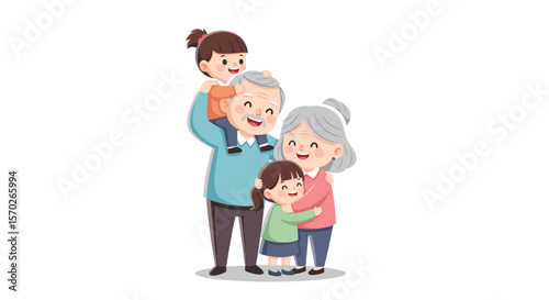 Illustration of grandparents with granddaughters in a loving embrace pose