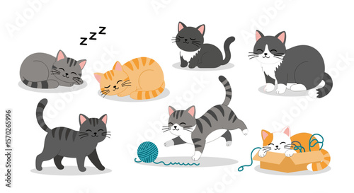Collection of cartoon cats in various poses and activities on white background