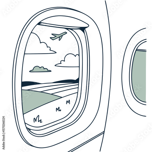 Airplane window view showing a plane flying over fields and clouds with a second window visible nearby