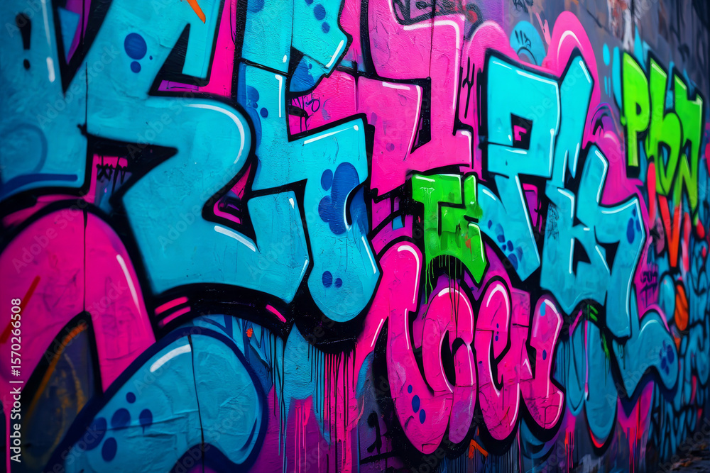 Naklejka premium Urban art on a weathered brick wall, some spray-painted words telling a story