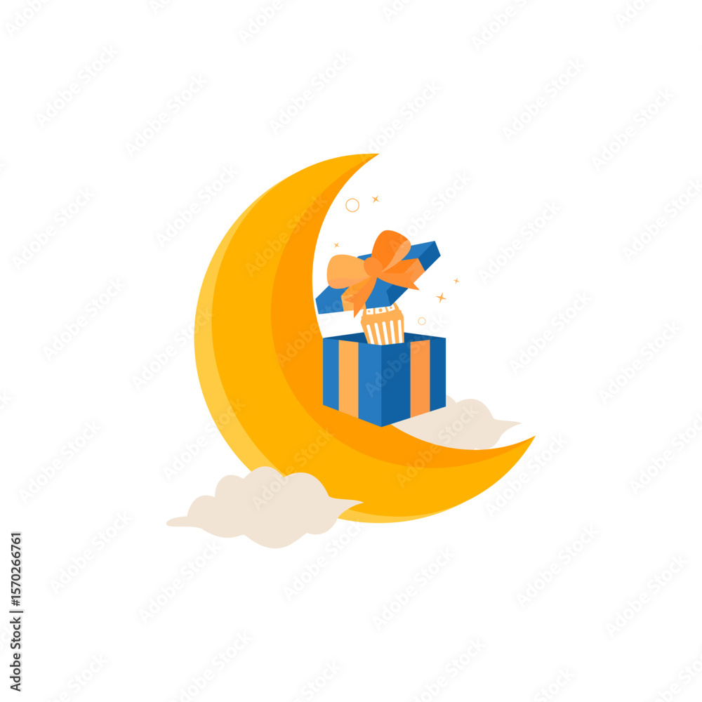 Obraz premium Ramadan Kareem Banner background islamic symbol with gift box, crescent moon and Gift Box Illustration. Suitable for invitation outdoor banner, poster and marketing.