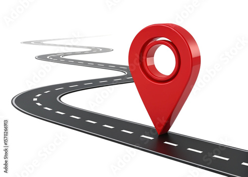 A winding road with white lane markings and a large red location pin on a black background space created with generated ai photo