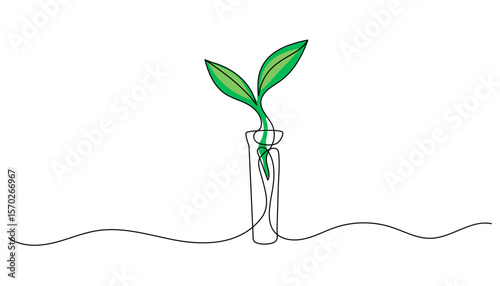 One line drawing of chemical lab flask with sprout. Concept of green science, eco research, biotechnology and sustainable innovation. Minimalist vector illustration.