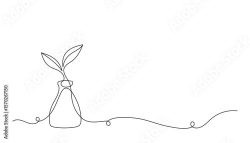 One line drawing of plant and science concept. Symbol of organic farming, eco lab research, GMO-free innovation. Minimalist sketch of nature and biotechnology. Vector illustration.