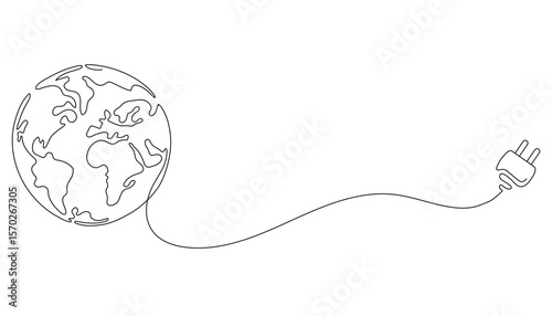 One line drawing of Earth with electric plug. Concept of renewable global energy and eco-friendly power. Minimalist vector illustration for sustainability, green energy, planet care.