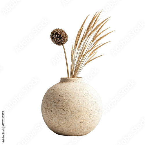 Minimalist composition featuring golden dried grass and a globe thistle in a speckled vase against a dark transparent background, silhouette