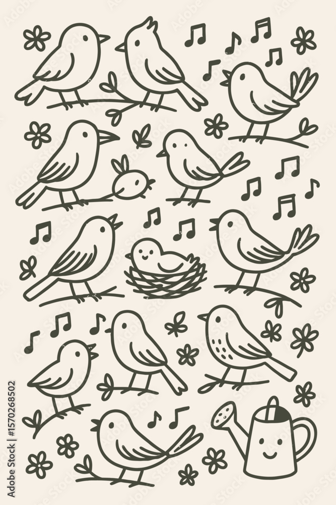 Obraz premium Springtime Bird Song: Cute Doodle Illustration with Birds, Flowers, and Music