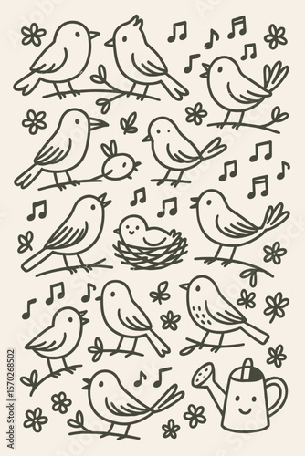Springtime Bird Song: Cute Doodle Illustration with Birds, Flowers, and Music