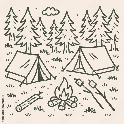 Camping Scene Doodle Illustration with Tents, Bonfire, and Marshmallows