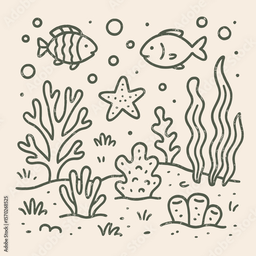 Undersea Illustration with Fish, Coral, Seaweed and Starfish