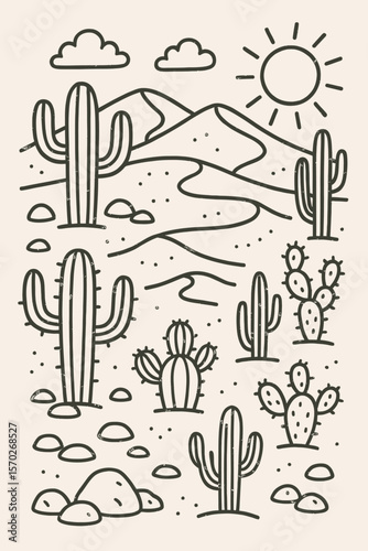 Desert Landscape Illustration with Cacti, Mountains, Sun, and Clouds