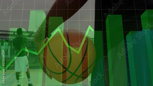 Player gripping basketball on court initiating green bar chart appearing tracking stats