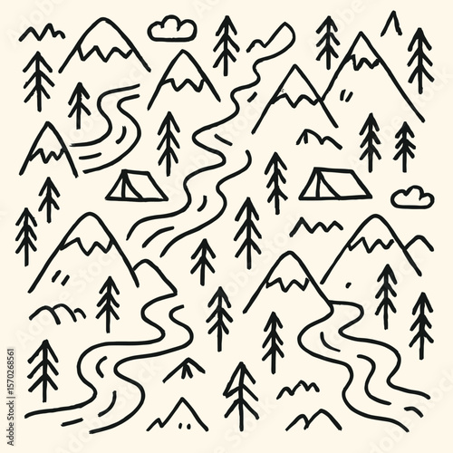 Outdoor Adventure Hand-Drawn Pattern with Mountains and Camping