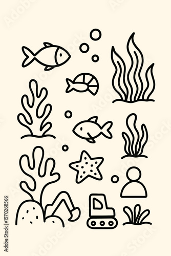 Undersea World Black and White Doodles with Fish and Plants