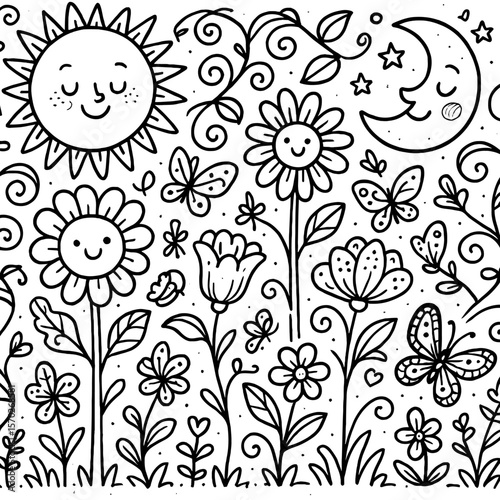 Whimsical Garden Coloring Page with Smiling Sun, Moon, and Flowers