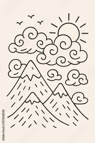Mountains Under the Sun with Clouds and Birds Illustration