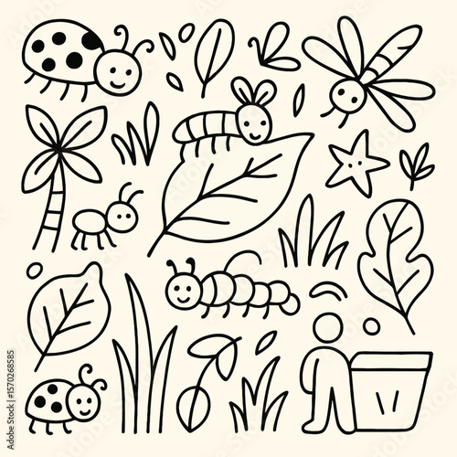 Playful Nature Doodle Set with Insects, Plants, and a Gardener