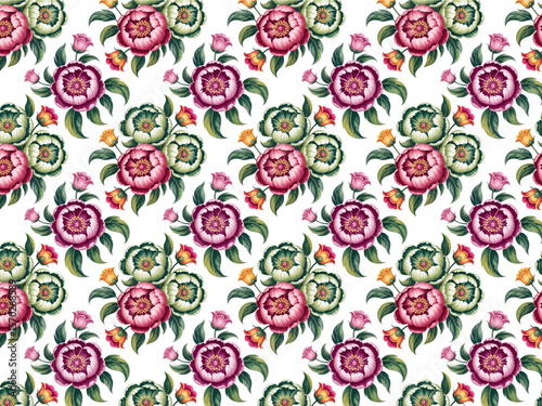 Elegant floral seamless pattern of peonies and roses on white background.
