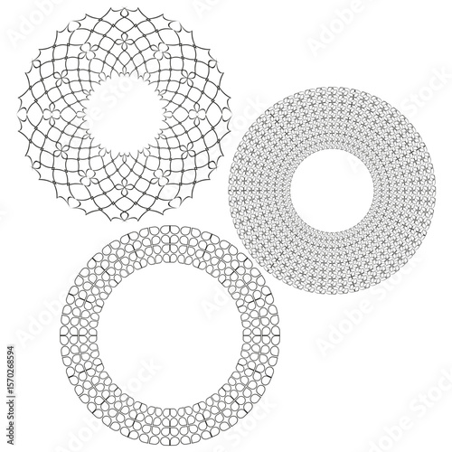 Delicate ring ornaments. Thin geometric torus. Circular Vector outlines. Minimal white space.