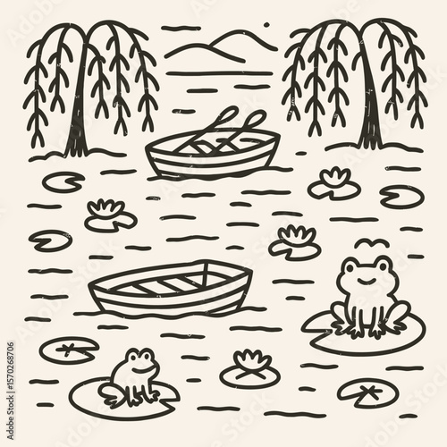 Serene Pond Illustration with Frogs, Boats, and Willow Trees