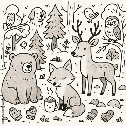 Cute Winter Forest Animals Doodle Illustration with Deer, Bear, Fox