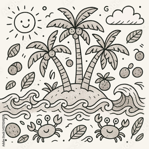 Tropical Island Paradise Drawing with Palm Trees and Crabs