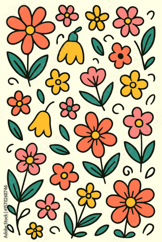 Retro Flower Power Pattern with Bold Outlines