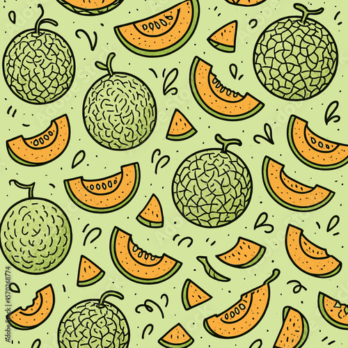 Playful Cantaloupe Pattern Background with Whole and Sliced Melon Art