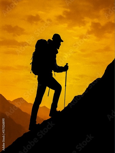 a silhouette image of a mountain climber while climbing a mountain with a golden and warm brass colored sky.