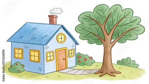 Child's drawing of house and tree