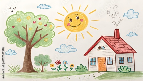Child's drawing of house and tree