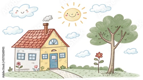 Child's drawing of house and tree