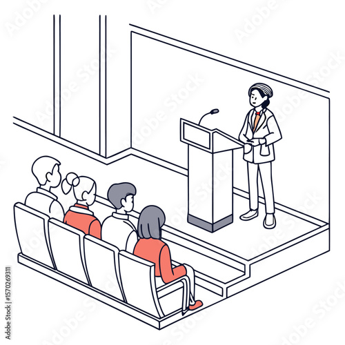 Illustration of a woman giving a presentation to an audience in a conference room setting on a stage