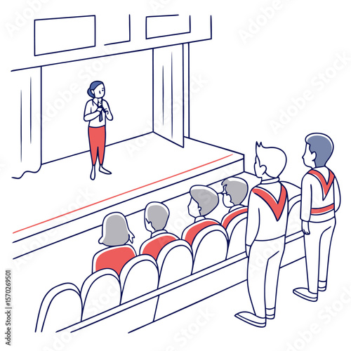 A woman is giving a speech on stage while an audience is watching from their seats in the auditorium hall