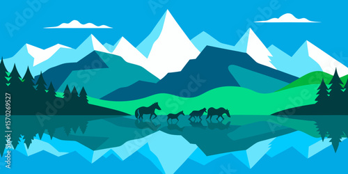 A stunning mountain landscape reveals a serene lake reflecting the blue sky and snow-capped peaks, offering a picturesque view of nature's tranquility