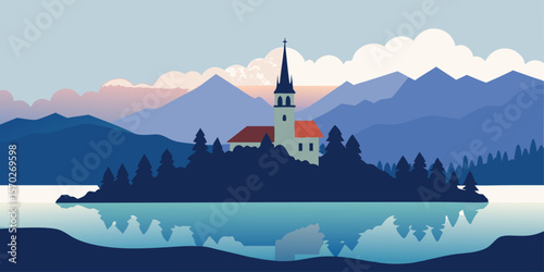 Alpine summer landscape in Europe featuring a church and castle on an island in a mountain lake with a forest and village