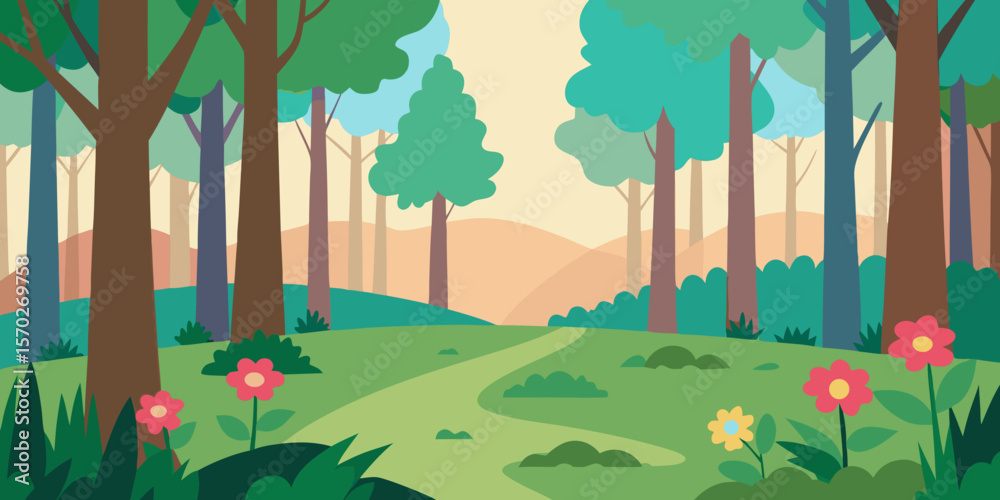 Fototapeta premium Vector spring city landscape with green trees, flowers, and buildings under a sky