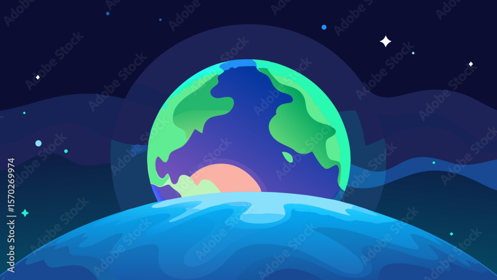 Fototapeta premium Blue marble planet Earth, a 3D globe with continents, ocean, and atmosphere, illuminated in the dark universe