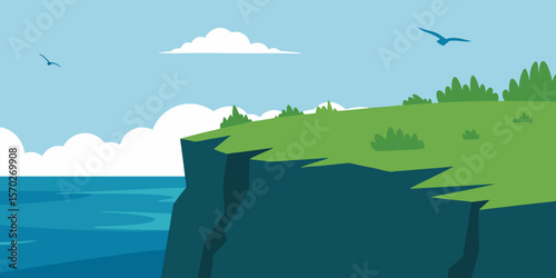 Serene summer landscape: blue sky, clouds, and sun over an island in the vast ocean, with mountains, trees, and green hills reflecting on the water's surface