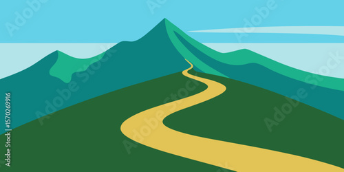 A winding road through green mountain landscapes under a blue sky with fluffy clouds