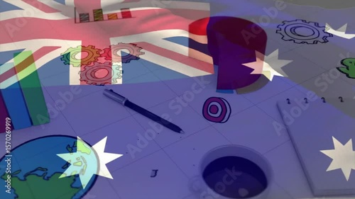 Australian flag waving starting cubes growing bar chart globe emerging and pen underlining TRAINING