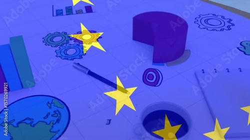 Camera gliding over desk charts notepad sliding text morphing to IDEAS showing ideas with stars