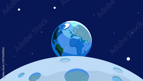Blue planet Earth and moon in dark space, with continents and oceans visible, a global science concept illustration