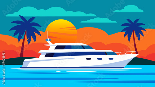 Summer vacation seascape with boats and yachts on the ocean by the beach under a tropical sky