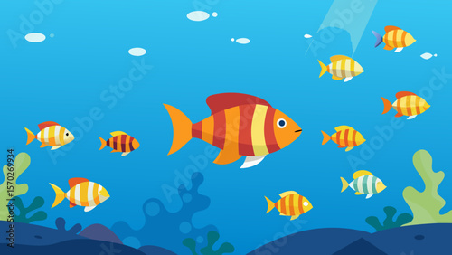 Colorful tropical fish swim gracefully in a vibrant blue underwater aquarium, showcasing diverse marine life
