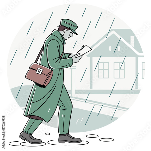 Mailman in green coat reading mail in the rain with house in background and puddles on the ground outside