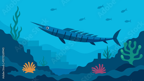 A lone diver observes a school of fish and a shark swimming gracefully through the deep blue ocean reef, highlighting the serene yet wild nature of marine life