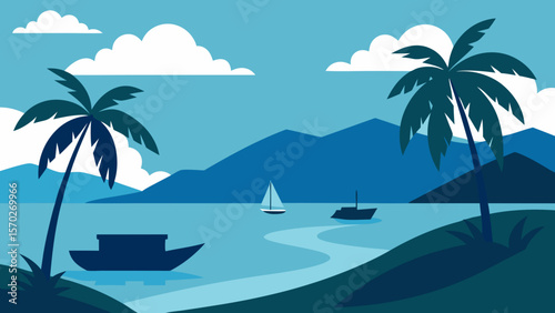 Tropical island paradise with palm trees on a sandy beach, clear ocean water, and a summer sky