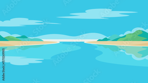 Beautiful serene mountain lake landscape with reflections of blue sky and clouds