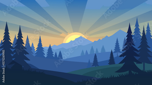 Winter sunset over snow-capped mountains and pine forests, a serene alpine landscape